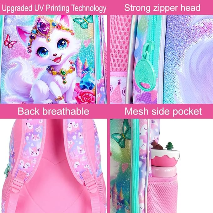 3Pcs Fox Backpack for Girls, 16" Kids Bookbag with Lunch Box，School Backpacks for Elementary Preschool Kindergarten (Pink)