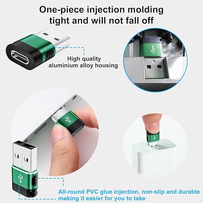 USB to USB C Adapter 6 Pack,USB-A to USB-C Adapter,USBC Female to USBA Male Adaptor,USBC Converter for iPhone 16 15 14,MacBook Pro,iPad,Charger,Green