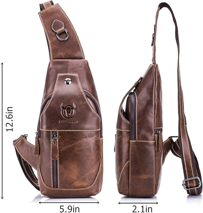 BULLCAPTAIN Genuine Leather Men Sling Crossbody Bag Multi-pocket Chest Bag Casual Travel Hiking Sling Backpack with Earphone Hole (Brown)