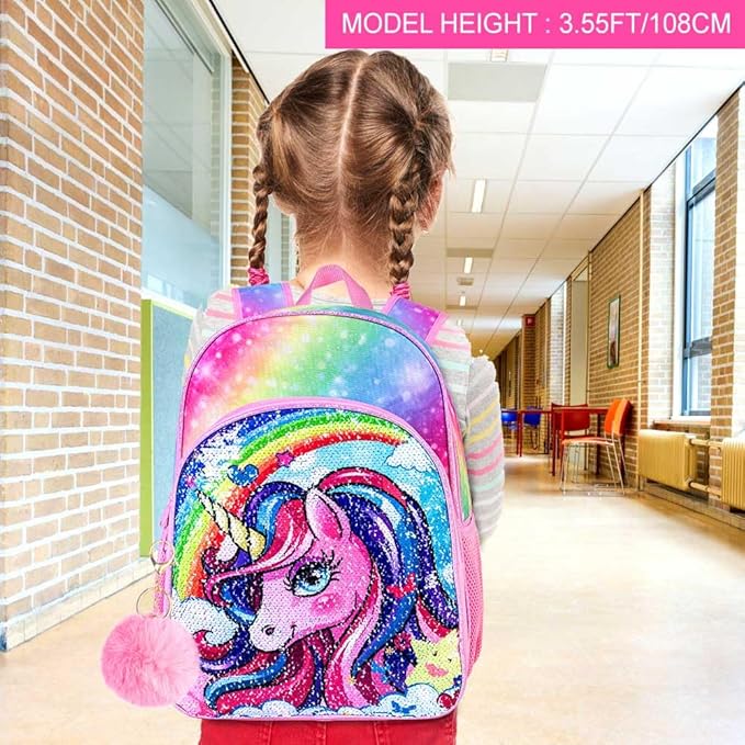 3PCS Unicorn Backpack, 16" Girls Rainbow Sequins Kids Bookbag with Lunch Box, School Bags for Elementary Preschool Kindergarten - Pink