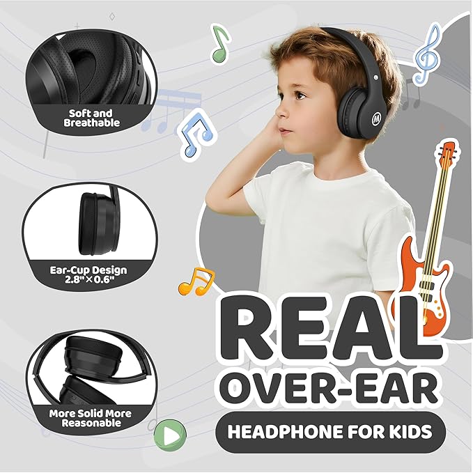 Headphones Kids Bluetooth 5.4 Wireless Play Time 68H Safe Volume Limit 85/94dB Over-Ear Foldable Headset,Fast Charging,with Aux Cord Built-in Mic for Toddler Child Pad Study Tablet Black