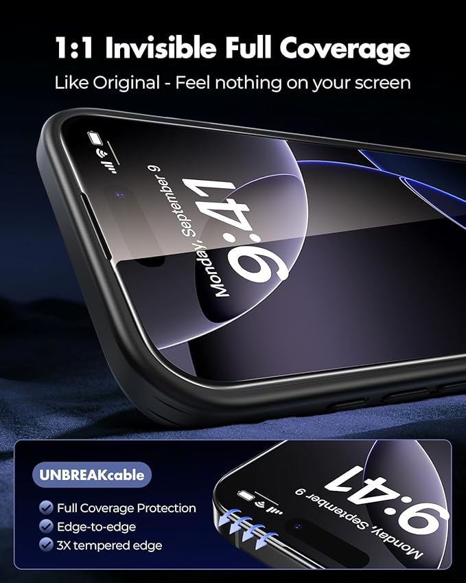 UNBREAKcable 3-Pack Screen Protector for iPhone 16 Pro Tempered Glass - [One-Pull Perfection] [Auto Dust-Elimination] [9H+ Hardness] [99.99% HD Clear] Full Coverage for iPhone 6.3 inch
