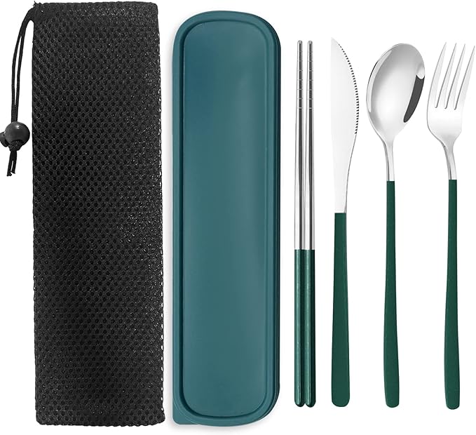 Portable Travel Camping Cutlery Set, TWUTGAYW Silver Green Reusable Flatware Silverware, Stainless Steel Cutlery Set, Portable Chopsticks Knife Spoons Forks Set for Camping Picnic Lunch Daily Use