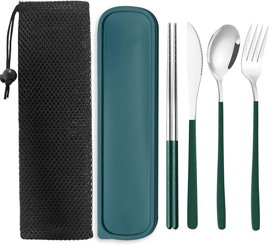 Portable Travel Camping Cutlery Set, TWUTGAYW Silver Green Reusable Flatware Silverware, Stainless Steel Cutlery Set, Portable Chopsticks Knife Spoons Forks Set for Camping Picnic Lunch Daily Use