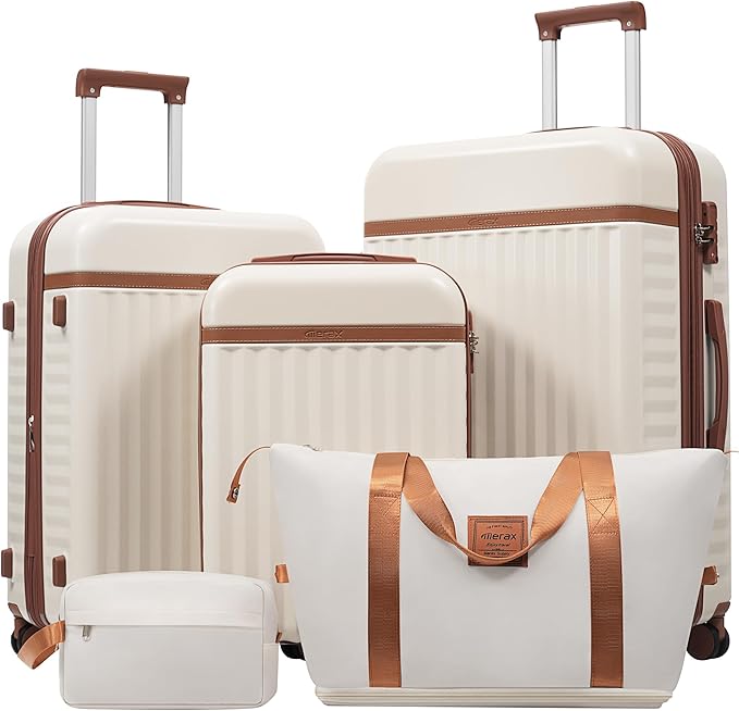 Merax Luggage Sets 3 Piece, Durable Hardshell Suitcase with Double Spinner Wheels and Handle Bags,Lightweight Carry on Luggage with TSA Lock,20+24+28,White and Brown