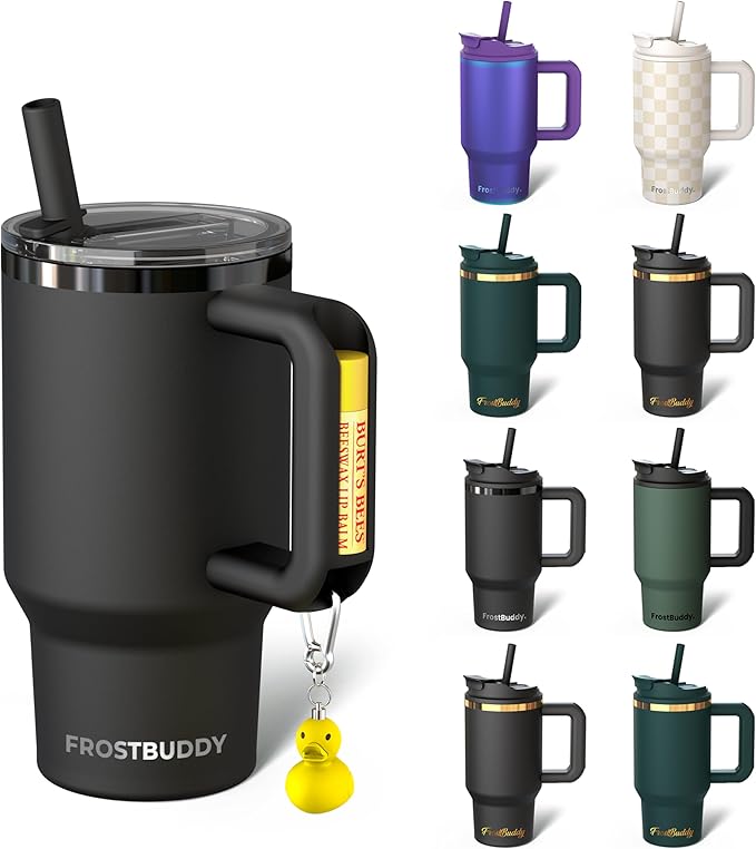 Frost Buddy Thicc Buddy - 16 oz Stainless Steel Vacuum Insulated Tumbler with Lid and Straw for Water - Travel Mug Cupholder Friendly - Gifts for Women Men Him Her (Black)