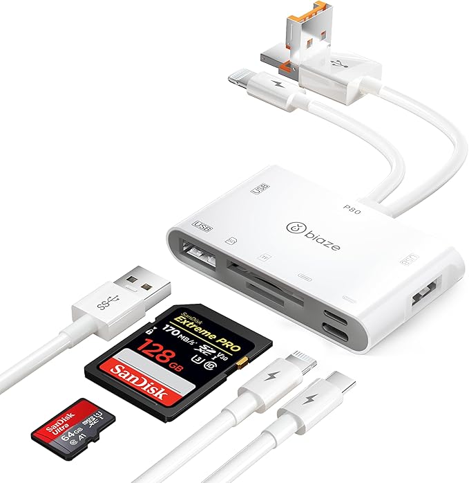 7-in-1 SD Card Reader for iPhone, Lightning/USB C/USB OTG Adapter, SD and MicroSD Memory Card Reader for Phone/Pad/PC/Laptop/USB C and USB A Devices Plug and Play No Application Required