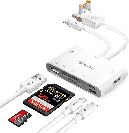 7-in-1 SD Card Reader for iPhone, Lightning/USB C/USB OTG Adapter, SD and MicroSD Memory Card Reader for Phone/Pad/PC/Laptop/USB C and USB A Devices Plug and Play No Application Required