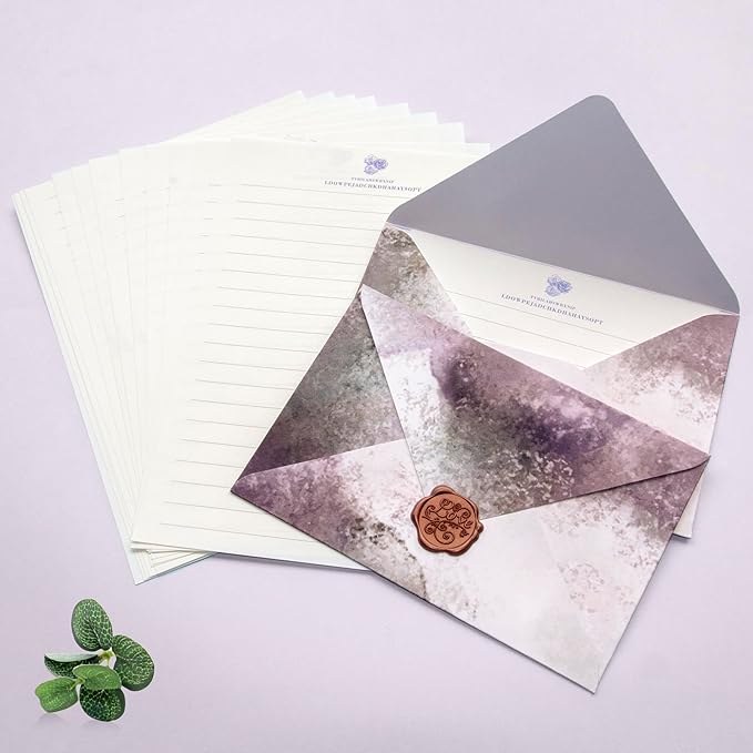 Tuhangcc Stationary Paper Set Minimalism - Hand Blended Colors, 12 Envelopes (4x6 in) & 24 Lined Paper for Wedding Love Letters, Invitations, Anniversaries (Smoky Lavender)
