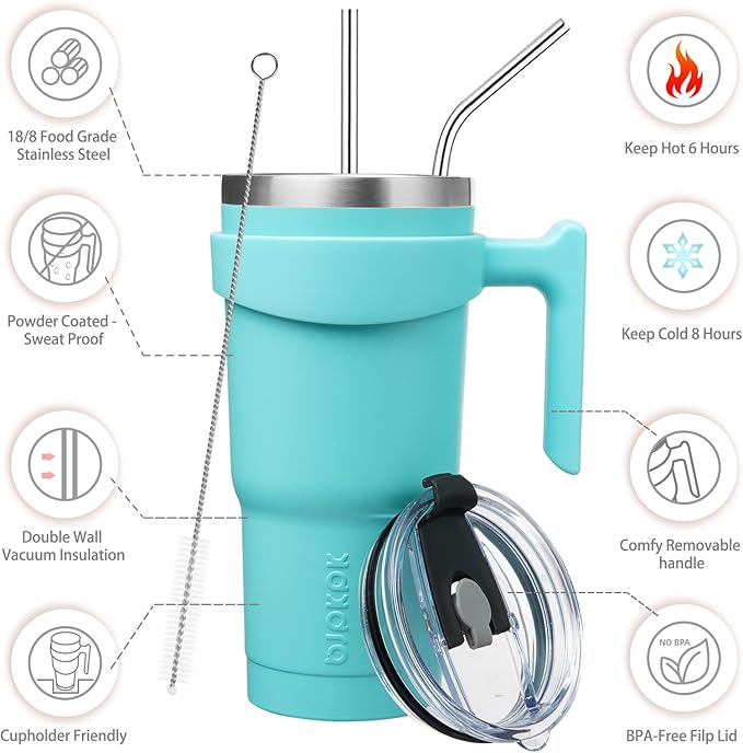 BJPKPK 20oz Tumbler With Handle Insulated Cups With Lid And Straw Reusable Stainless Steel Tumblers,Turquoise