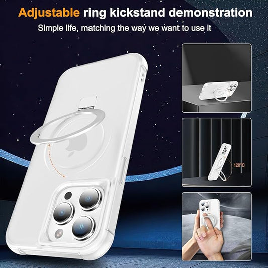 Magnetic Compatible with iPhone 14 Pro Case with Stand [Military Grade Drop Tested][Compatible with Magnet] Ring Translucent Slim Hard Back Soft Edge, Frost White