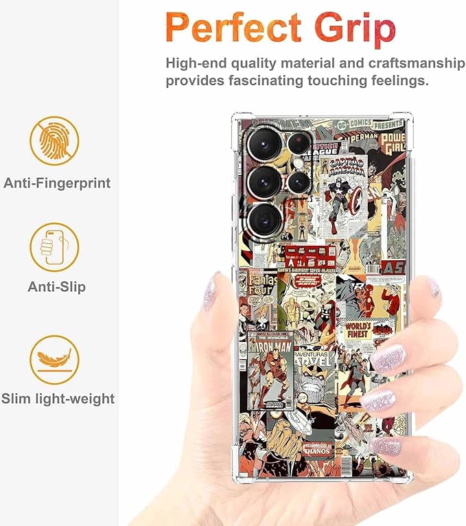 Case for Samsung Galaxy S23 Ultra with Superhero Design,Cartoon Comic Pop Culture Art Collage,Clear Soft TPU Bumper Phone Cover,6.8"(Hero,S23U)