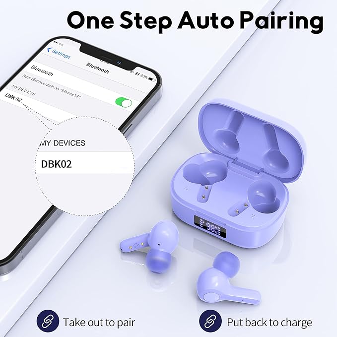 MOZOTER Bluetooth 5.3 Wireless Earbuds,Deep Bass Loud Sound Clear Call Noise Cancelling with Microphones in-Ear Headphones with Wireless Charging Case Compatible for iPhone Android,Work-Purple