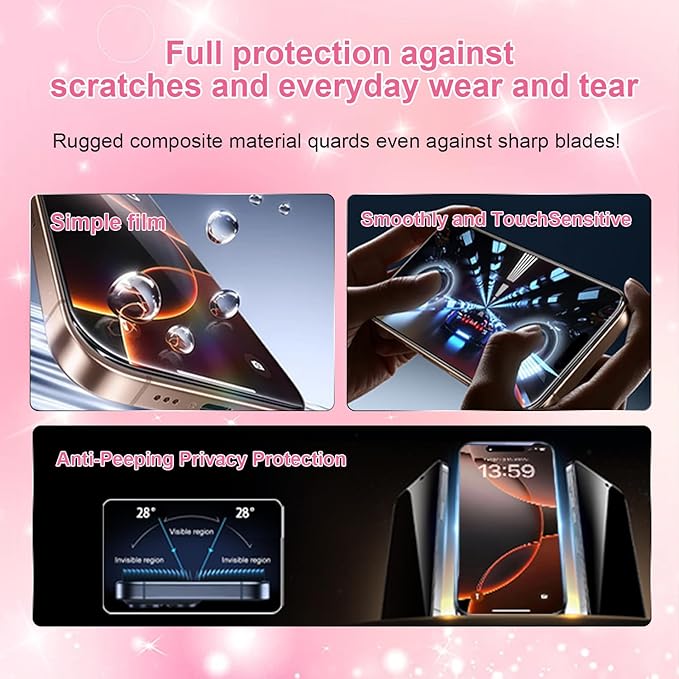 OneFish Women Fashion Privacy Screen Protector for iPhone 15 Pro [6.1 inch]+ Camera Lens Protector, Sparkling Diamond Bling Edge 9H Tempered High-Definition Glass