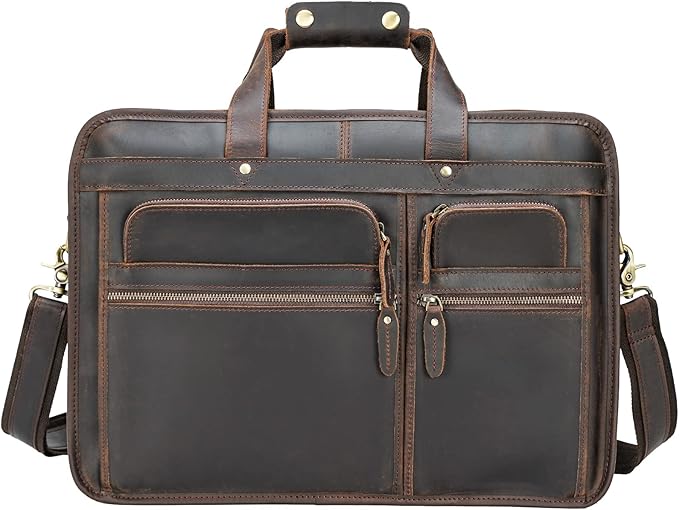 Polare 17'' Full Grain Leather Briefcase Laptop Attache Case Messenger Bag For Men Fits 15.6'' Laptop