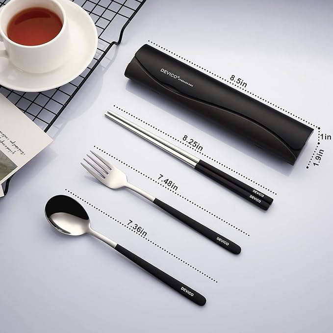 DEVICO Portable Travel Utensils with Case, Reusable Camping Silverware for Lunch, 18/8 Stainless Steel Cutlery Set (Black)