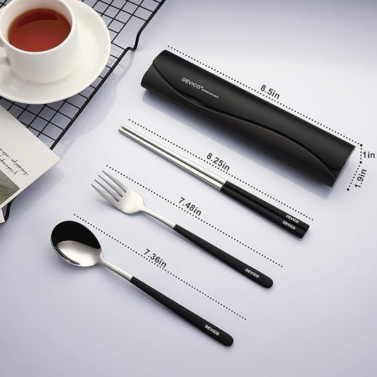 DEVICO Portable Travel Utensils with Case, Reusable Camping Silverware for Lunch, 18/8 Stainless Steel Cutlery Set (Black)