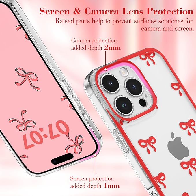 EYZUTAK Case for iPhone 16 Pro Max, Clear Cute Ribbon Bowknot Pattern Aesthetic Transparent Phone Case Raised Camera Protection Stylish Slim Soft Durable TPU Protective Cover for Women Girls - Red