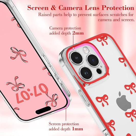 EYZUTAK Case for iPhone 17 Pro, Clear Cute Ribbon Bowknot Pattern Aesthetic Transparent Phone Case Raised Camera Protection Stylish Slim Soft Durable TPU Protective Cover for Women Girls - Red