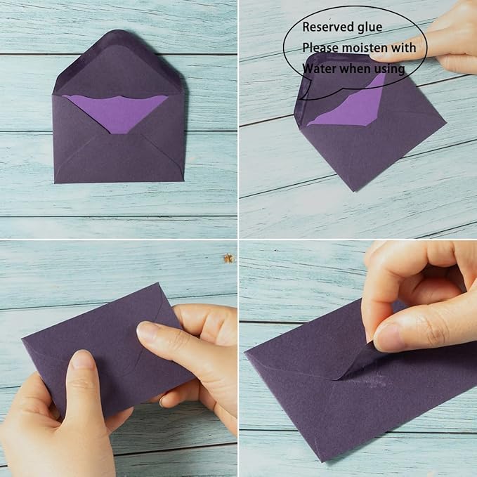 100 Pack Mini Envelopes with Note Cards in 5 Colors for Wedding, Birthday, Baby Showers, 4 x 2.7 Inches (Purple)