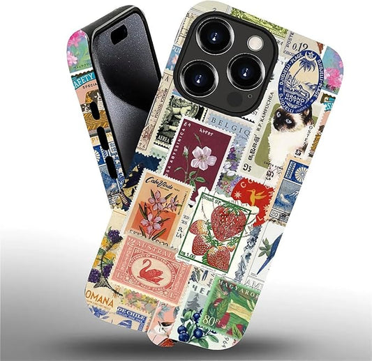 Case for iPhone 15 Pro Max,Vintage Stamp Collage for Woman Men Full Body Protective Cover Shockproof 2 in 1 Silicone + Hard PC Case for iPhone 15 Pro Max