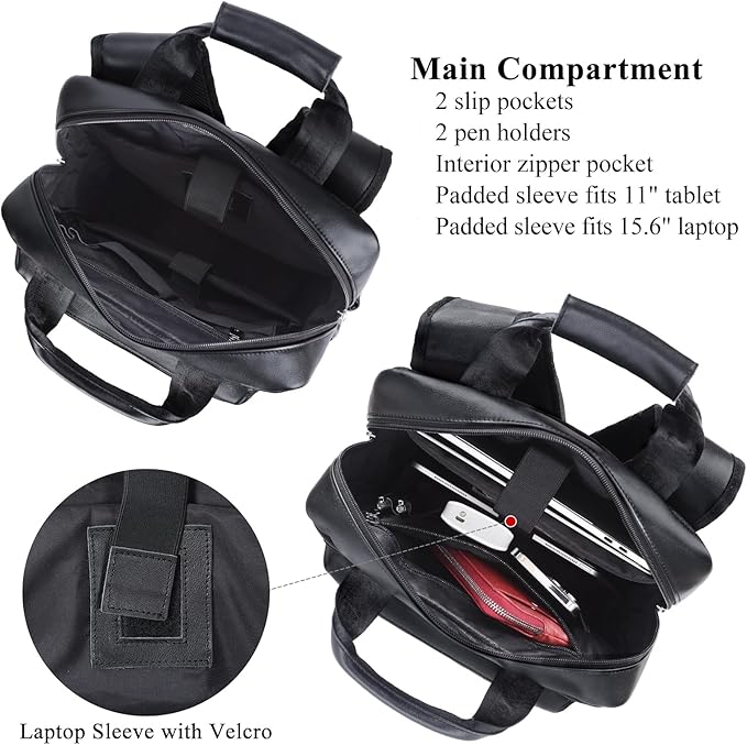 Masa Kawa Black Leather Backpack for Men 15.6 Inch Laptop Bag Multi Pockets Casual Work Business Travel Daypack