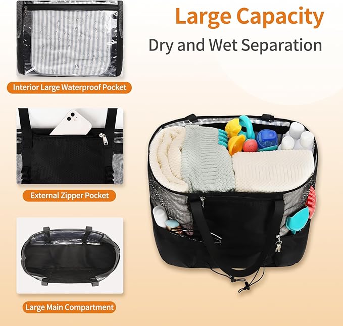 Mesh Beach Bag, Extra Large Beach Bags for Women, Lightweight Foldable Sandproof Tote Bag for Family & Vacation