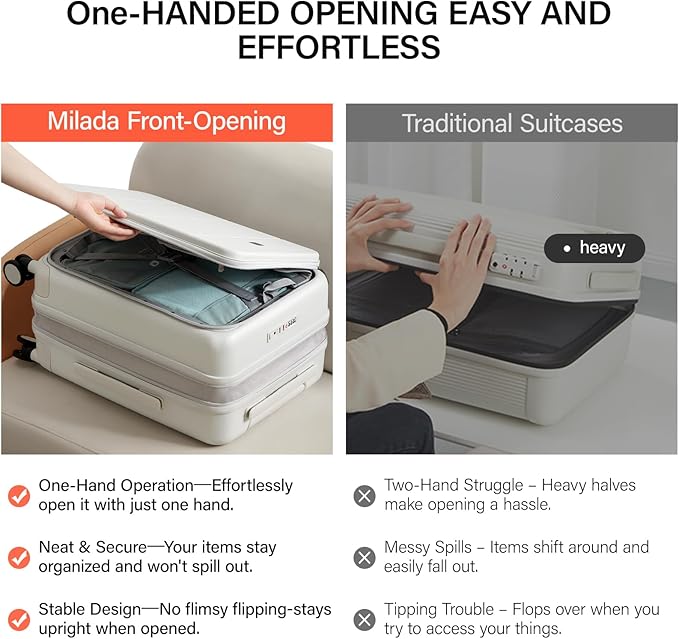 MILADA Expandable Checked Luggage 24 Inch Top Opening Travel Luggage Hard Shell Suitcases with Wheels TSA Approved Luggage Trunk Rolling Medium Checked Suitcase, White