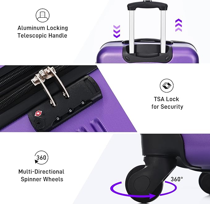Merax Luggage Sets of 3 Piece Carry on Suitcase Airline Approved, 20/24/28 IN Hard Case Expandable Spinner Wheels (Purple)