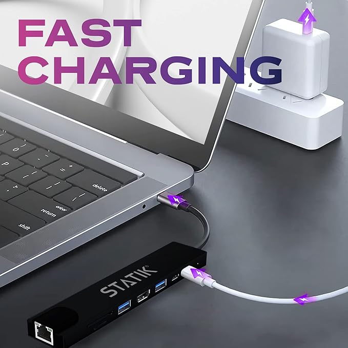 STATIK UltraHub Powered USB C Hub Multiport Adapter - USB C Docking Station - 8-in-1 Powered USB 3.0 Hub with 4K USB C HDMI Adapter, USB C dock, 100Mbps Ethernet Port, SD/TF Card Reader & Laptop Dock