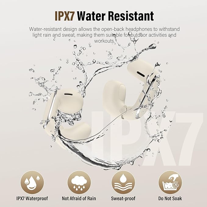 Wireless Earbuds, Clip On Ear Headphones, Bluetooth 5.4 HiFi Stereo Earbuds,42H, LED Display Ear Buds, Comfortable Lightweight, IP7 Waterproof Open Ear Earphones, Earbud for Workouts Running,Off White