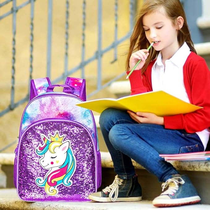 3PCS Girls Backpack, 16" Kids Sequins Unicorn Bookbag with Lunch Box, School Bags for Elementary Preschool Kindergarten - Purple