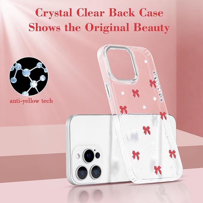 EYZUTAK Case for iPhone 16 Pro Max, Bling Glitter 3D Bowknot Phone Case Cute Sparkly Crystal Clear Bow Aesthetic Design Case Slim Soft Durable TPU Transparent Protective Cover for Women Girl-Red Bow