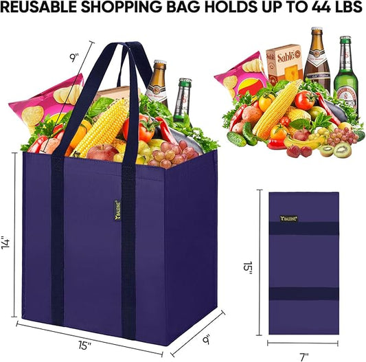 BALEINE 4 PK Grocery Bags Reusable Shopping Bags with Reinforced Bottom, Heavy Duty Foldable Tote Bags (Navy Blue)