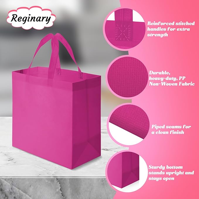 Reginary Reusable Totes Bags - 100 Pcs Non Woven Grocery Handle Bags for Shop Events & Retail Store (Rose Pink)