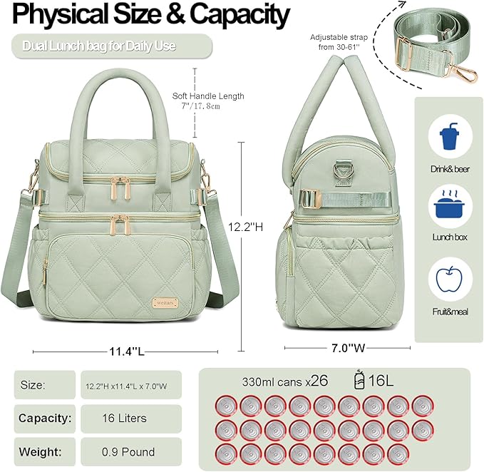 Weitars Lunch Bag for Women Men,Double Deck Lunch Box for Women,Quilted Lunch Tote for Work,Insulated Lunch Cooler Leakproof Lunchbox for Adult with Shoulder Strap &Pockets for Picnic Hiking (Green)