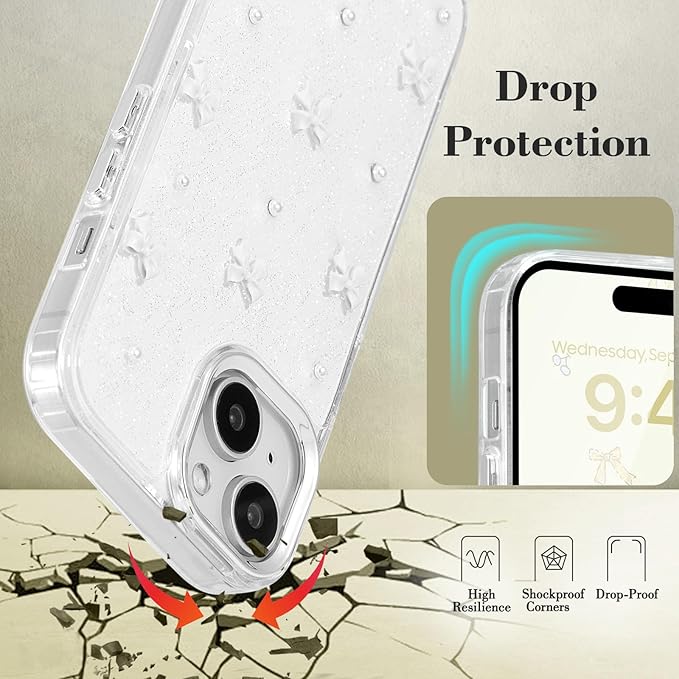 EYZUTAK Case for iPhone 14 Plus, Bling Glitter 3D Bowknot Phone Case Cute Sparkly Crystal Clear Bow Aesthetic Design Case Slim Soft Durable TPU Transparent Protective Cover for Women Girl - White Bow