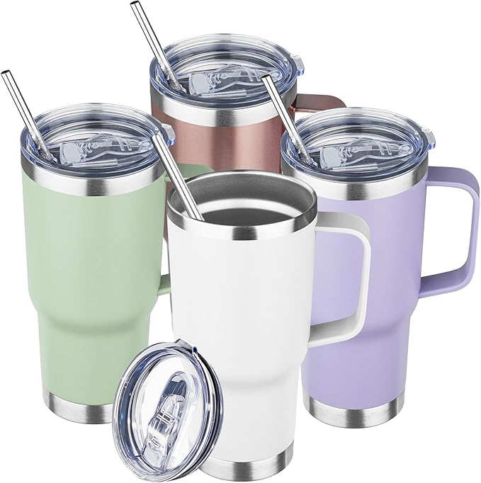 20 oz Tumbler with Handle Stainless Steel Insulated Coffee Mug Tumbler with Lid and Straw Double Wall Vacuum Insulated Coffee Mug Leak Proof Travel Mug Tumbler for Hot and Cold Drink (Mix Color-4)