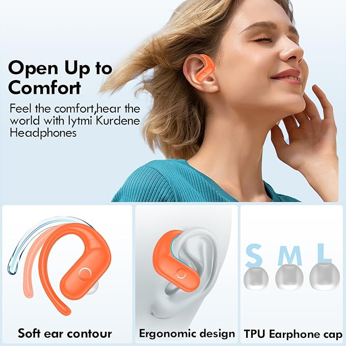 kurdene Wireless Earbuds Bluetooth Headphones Sport,Over Ear Buds with Deep Bass Sound,60Hrs Playtime Earphones Redesigned Comfort Fit with Earhooks for Running,Meeting,Workout-Orange