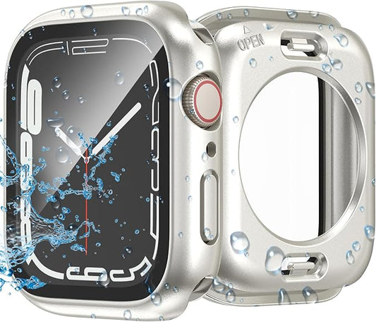 3 in 1 Waterproof Case for Apple Watch Screen Protector 41mm Series 9 8 7 Accessories Built-in Tempered Glass Film,Front and Back PC Hard Bumper 360° Protective Face Cover for iWatch 41mm