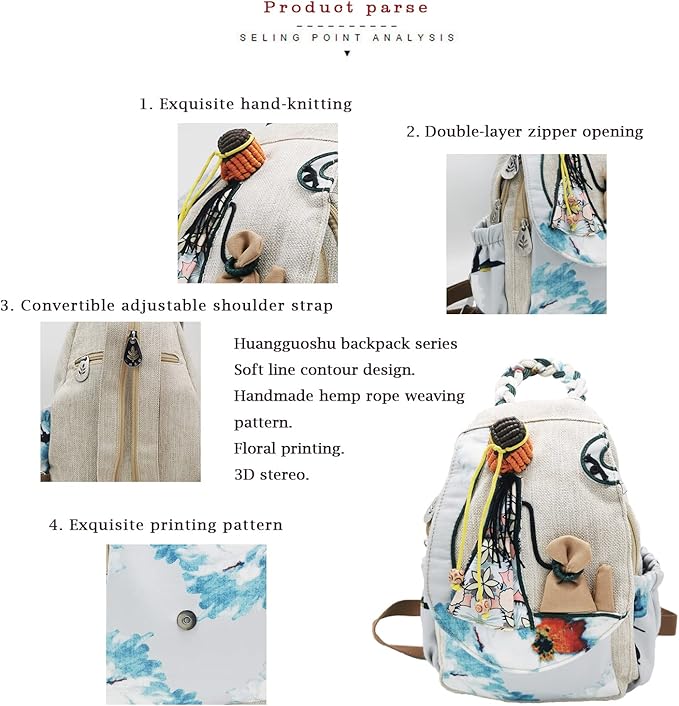 HUANGGUOSHU Women Cotton Woven Bohemian Hemp Boho Canvas Embroidery Multi Pocket Retro Cute Backpack Wallet Backpack（Maiden）