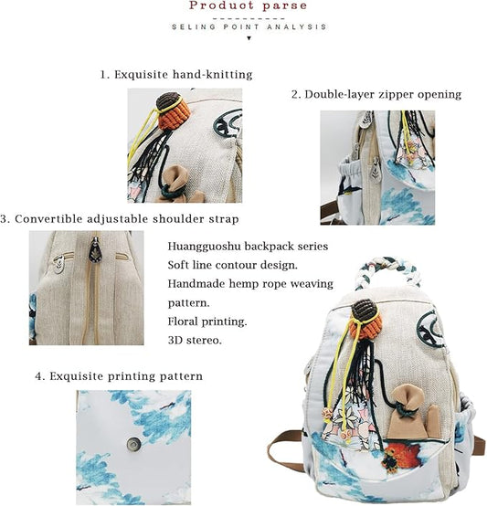 HUANGGUOSHU Women Cotton Woven Bohemian Hemp Boho Canvas Embroidery Multi Pocket Retro Cute Backpack Wallet Backpack（Maiden）