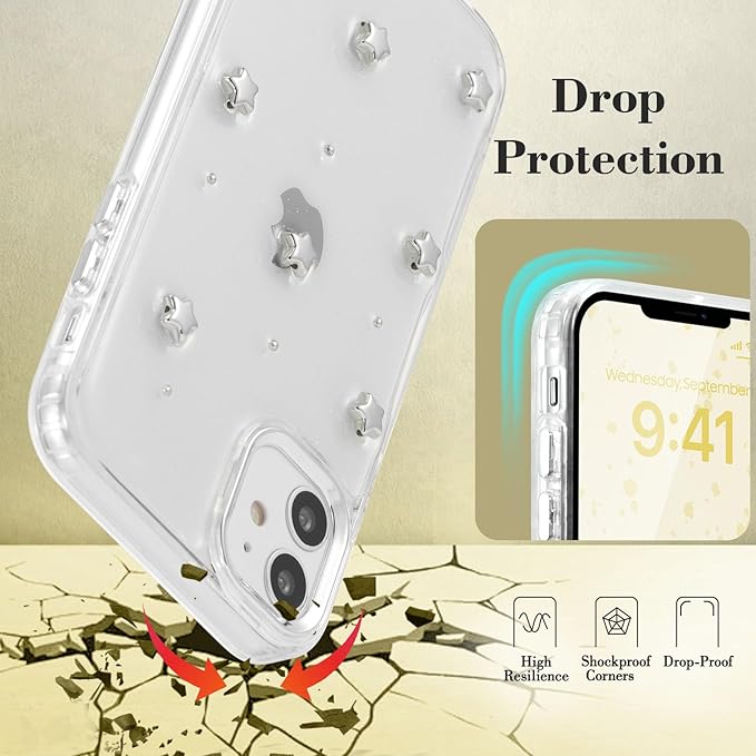 EYZUTAK Case for iPhone 12/iPhone 12 Pro, Bling Glitter 3D Stars Phone Case Cute Sparkly Crystal Clear Star Aesthetic Design Case Slim Soft Durable TPU Transparent Protective Cover for Women Girl-Star