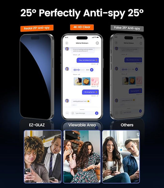 EZ-GLAZ- 4 Pack for iPhone 16 Privacy Screen Protector [6.1"] With 2 Pack Camera Lens Protector, 9H+ Hardness 12FT Military Grade Shatterproof Scratch Resistant Durable Tempered Glass Film with Flawless Fit Kit