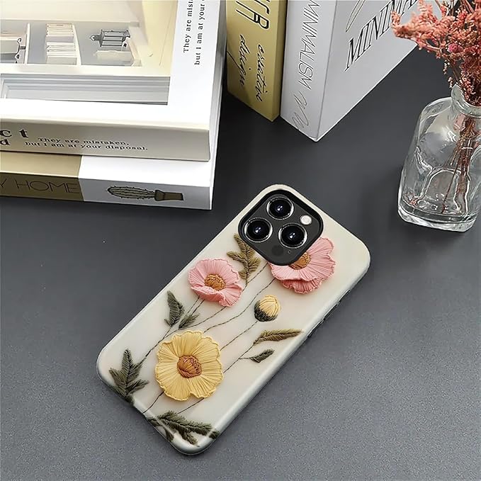 Case for iPhone 16 Pro Case,Faux Embroidery Boho Floral Design - Hybrid Dual Protection Silicone + Hard PC Shockproof Full Body Cover Slim Anti-Scratch Protective Case for Men Women