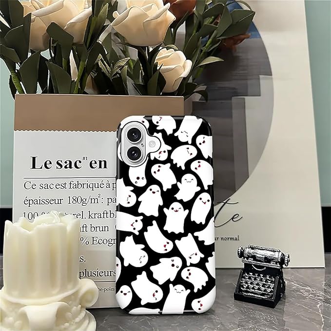 Case for iPhone 16 Plus Case,Halloween Ghosts Bats Design - Hybrid Dual Protection Silicone + Hard PC Shockproof Full Body Cover Slim Anti-Scratch Protective Case for Men Women