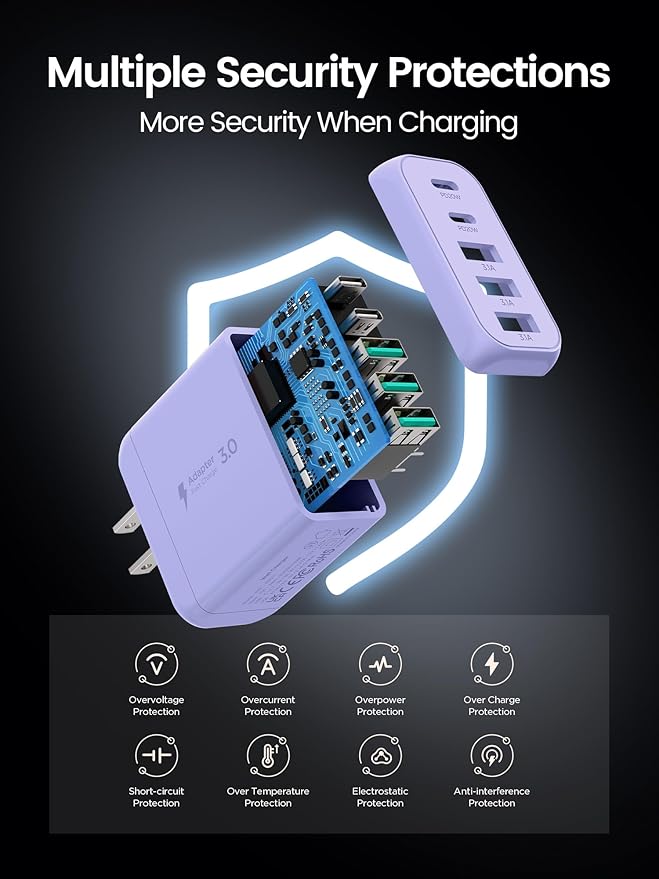 USB C Charger Block,EIZLXQ [2-Pack] Type C Charger Fast Charging,50W 5-Port USB Wall Chargers Multiport Type C Charging Block Cube for iPhone 16 15 14 13 12 11 Pro Max XS,iPad,Samsung&More-Purple