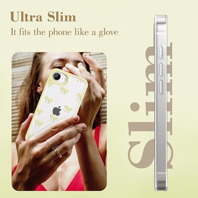EYZUTAK Case for iPhone 16e, Clear Cute Ribbon Bowknot Pattern Aesthetic Transparent Phone Case Raised Camera Protection Stylish Slim Soft Durable TPU Protective Cover for Women Girls - Yellow