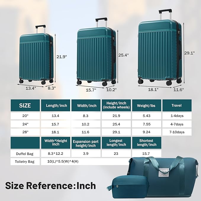 Merax Luggage Sets 3 Piece, Durable Hardshell Suitcase with Double Spinner Wheels and Handle Bags,Lightweight Carry on Luggage with TSA Lock,20+24+28,Dark Green