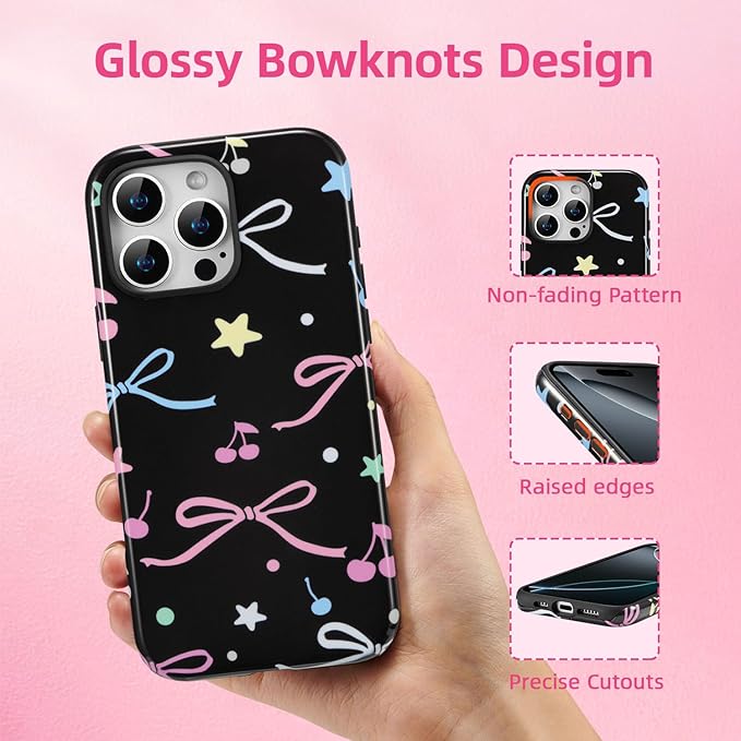 QLTYPRI Case for iPhone 16 Pro Max, Aesthetic Colorful Bow Cherry Stars Phone Case for Girls Women, Protective Hybrid 2-Layer Hard Shell Silicone Cover Durable Shockproof Phone Cover - Black